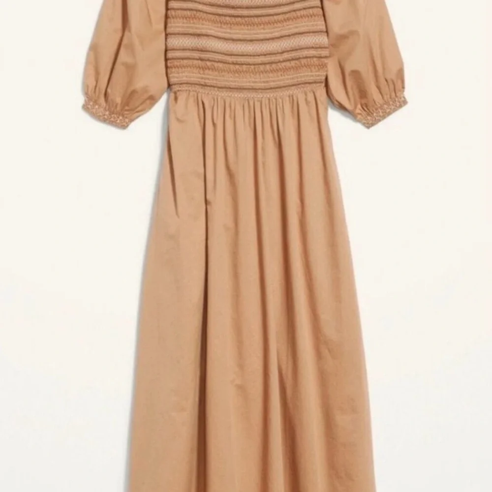 Old Navy Smocked Tan Puff Sleeve Fit Flare Off Shoulder Midi Dress Size L - Picture 3 of 9